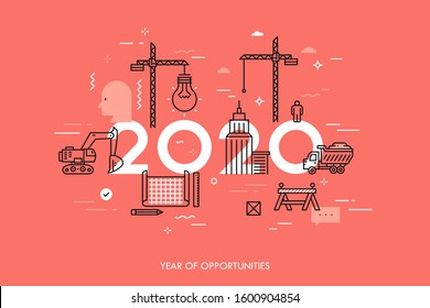 Infographic concept, 2020 - year of opportunities. Plans and prospects in construction, engineering, architecture, modern urban design and city development. Vector illustration in thin line style.