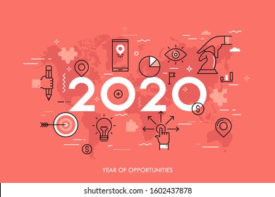 Infographic Concept, 2020 - Year Of Opportunities. Trends And Predictions In International Business Expansion Strategies, Market Entry, Strategic Planning. Vector Illustration In Thin Line Style.