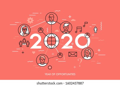 Infographic concept, 2020 - year of opportunities. Hot trends and prospects in social media and networks, global internet communication, online messaging. Vector illustration in thin line style.