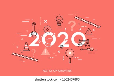 Infographic concept, 2020 - year of opportunities. New trends, plans, prospects and predictions in website repair and maintenance, technical support services. Vector illustration in thin line style.
