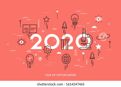 Infographic concept, 2020 - year of opportunities. New plans, trends, prospects and predictions in science, scientific research and development, knowledge. Vector illustration in thin line style.