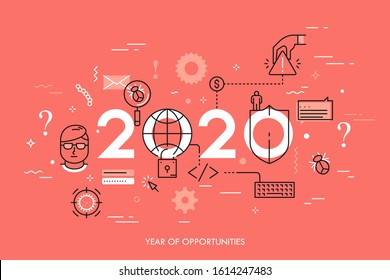 Infographic concept, 2020 - year of opportunities. New trends, prospects and predictions in web security, antivirus protection, internet safety and encryption. Vector illustration in thin line style.