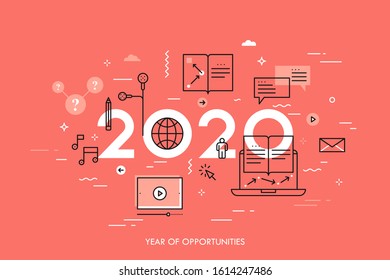 Infographic concept, 2020 - year of opportunities. New prospects and predictions in internet courses, distance education, self-improvement, online training. Vector illustration in thin line style.