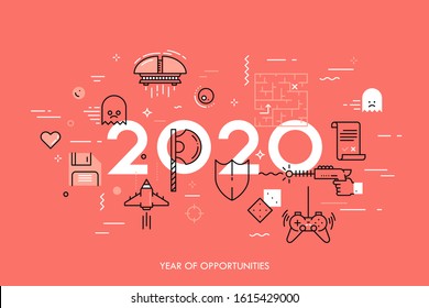 Infographic concept, 2020 - year of opportunities. Hot new trends and prospects in video and tabletop games, online gaming, competitions for gamers. Vector illustration in linear style for poster.