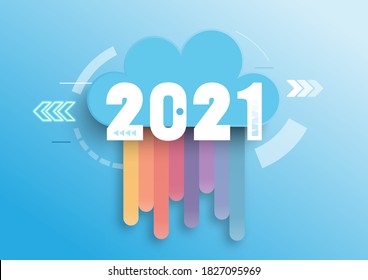 Infographic concept 2021 year. Hot trends, prospects in cloud computing services and technologies, big data storage, communication. Vector illustration.