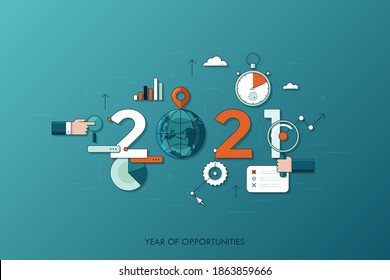 Concepto infográfico 2021 año de oportunidades. Nuevas tendencias y perspectivas globales en búsqueda en línea, herramientas de internet para negocios y gestión de proyectos. Ilustración vectorial en línea delgada.