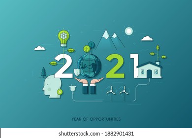 Infographic concept, 2021 - year of opportunities. Trends and predictions in green energy, environmental and eco-friendly technologies, electricity generation. Vector illustration in thin line style.