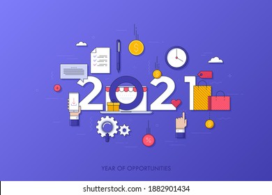 Concepto infográfico, 2021 - año de oportunidades. Nuevos planes y predicciones en compras en línea, comercio electrónico, minoristas de internet, ventas y descuentos. Ilustración vectorial en línea delgada. 