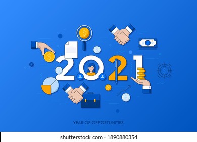 Infographic Concept, 2021 - Year Of Opportunities. Trends And Prospects In Business Development And Profit Growth Strategies, Deal Making, Personnel Management. Vector Illustration In Thin Line Style.