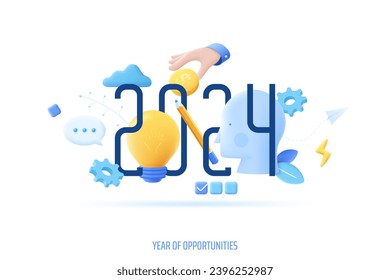 Infographic concept: 2024 - year of opportunities. New trends and predictions in startups, idea generation, innovations, modern thinking. Plans and prospects. Vector illustration in 3d style.
