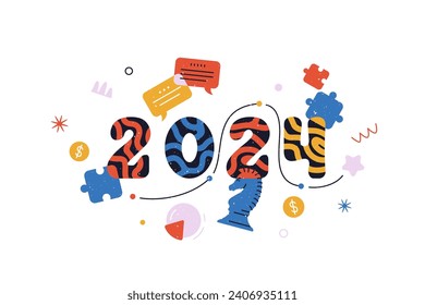 Infographic concept 2024 year of opportunities. Future trends and prospects in business challenges, strategies, international networking, communication. Vector illustration in memphis style.
