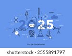 Infographic concept, 2025 - year of opportunities. Trends and predictions in science, education, scientific studies and discoveries, research, development. Vector illustration in thin line style.