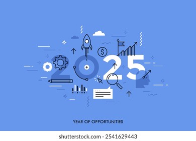 Conceito infográfico 2025 ano de oportunidades. Novas tendências e perspectivas em start-ups, desenvolvimento de negócios, estratégias de crescimento dos lucros. Planos e expectativas. Ilustração vetorial em estilo de linha fina.