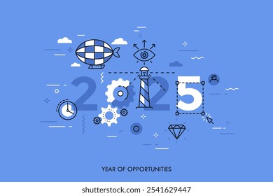 Infografik Konzept 2025 Jahr der Möglichkeiten. Heiße Trends und Perspektiven in der Reise- und Abenteuertourismus-Industrie, Navigationstools, Freizeitaktivitäten. Vektorgrafik im dünnen Linienstil.