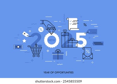 Conceito infográfico 2025 ano de oportunidades. Novas tendências e perspectivas em compras na internet, vendas on-line e descontos, compra de bens de luxo. Ilustração vetorial em estilo de linha fina para banner.