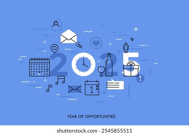 Infographic concept 2025 year of opportunities. Plans and expectations for holidays, new years party, vacation. Gifts and surprises. Vector illustration in thin line style for banner, header.