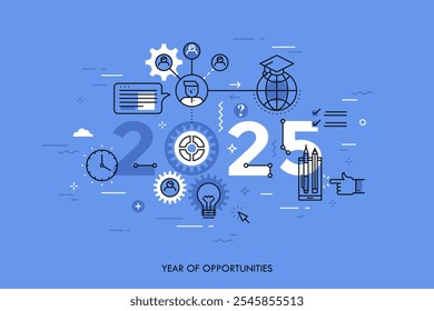 Infographic concept 2025 year of opportunities. New trends and prospects in international education, student exchange programs, online and distance learning. Vector illustration in thin line style.