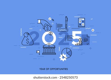 Concepto infográfico, 2025 - año de oportunidades. Nuevas tendencias y predicciones en economía, planificación presupuestaria, ahorro de dinero, deuda tributaria y crediticia. Ilustración vectorial en estilo de línea delgada.