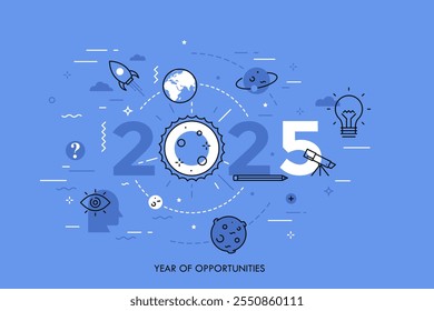 Conceito infográfico, 2025 - ano de oportunidades. Tendências e perspectivas em pesquisa e exploração espacial, estudos científicos, astronomia, lançamentos de espaçonaves. Ilustração vetorial em estilo de linha fina.