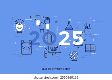 Concepto infográfico, 2025 - año de oportunidades. Nuevas tendencias, perspectivas y predicciones en la ciencia, los estudios científicos, el sistema escolar y la educación superior. Ilustración vectorial en estilo de línea delgada.