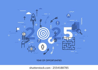 Infographic concept, 2025 - year of opportunities. New trends, prospects and predictions in business challenges, targeting, problem solving. Vector illustration in thin line style for website, banner.