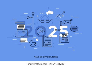 Infographic concept, 2025 - year of opportunities. Hot trends and predictions in global communication, social media, internet blogs, online instant messengers. Vector illustration in thin line style.