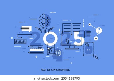 Infographic concept, 2025 - year of opportunities. New prospects and predictions in internet courses, distance education, self-improvement, online training. Vector illustration in thin line style.