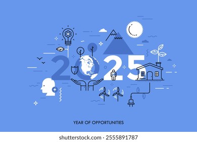 Infographic concept, 2025 - year of opportunities. Trends and predictions in green energy, environmental and eco-friendly technologies, electricity generation. Vector illustration in thin line style.