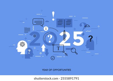 Infographic concept, 2025 - year of opportunities. New trends and predictions in consulting services, business problems solving, client support management. Vector illustration in thin line style.