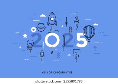 Infographic concept, 2025 - year of opportunities. New trends and expectations in startup launches, business development, profit growth, goal achievement. Vector illustration in thin line style.