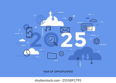 Infographic concept, 2025 - year of opportunities. Hot trends, prospects in cloud computing services and technologies, big data storage, communication. Vector illustration in thin line style.
