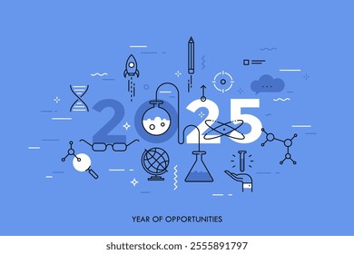 Infographic concept, 2025 - year of opportunities. Trends and predictions in science, education, scientific studies and discoveries, research, development. Vector illustration in thin line style.