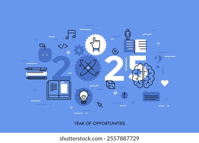 Infographic concept, 2025 - year of opportunities. Trends, prospects and predictions in internet education, distance learning, online educational programs. Vector illustration in thin line style.