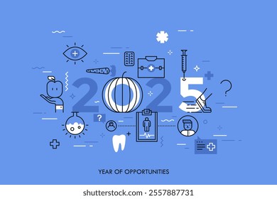Infographic concept, 2025 - year of opportunities. Plans, trends, predictions and prospects in medicine, healthcare, medical service, healthy lifestyle. Vector illustration in thin line style.