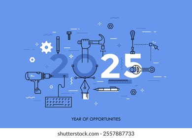 Infographic concept, 2025 - year of opportunities. Plans, trends and prospects in repairs, home remodeling, renovation and improvement, manual work tools. Vector illustration in thin line style.