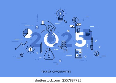 Infographic concept, 2025 - year of opportunities. Trends and prospects in economics, taxation, budget planning, money calculation and saving, personal banking. Vector illustration in thin line style.