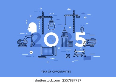 Infographic concept, 2025 - year of opportunities. Plans and prospects in construction, engineering, architecture, modern urban design and city development. Vector illustration in thin line style.