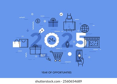 Infographic concept, 2025- year of opportunities. Trends and prospects in online and offline shopping, electronic retailers, internet shops and discounts. Vector illustration in thin line style.