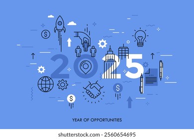 Infographic concept, 2025 - year of opportunities. Trends and prospects in business development and profit growth strategies, deal making, personnel management. Vector illustration in thin line style.