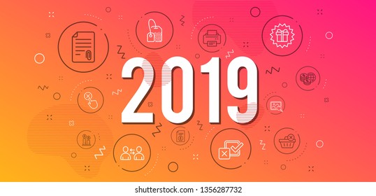 Infographic concept. Ab testing, Delete purchase and World money icons simple set. Tea bag, Surprise gift and Printer signs. Technical info, Checkbox and Attachment symbols. 2019 year. Vector