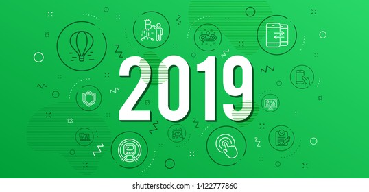 Infographic concept. Bitcoin project, Hold smartphone and Analytics graph icons simple set. Click, Air balloon and Recruitment signs. Metro subway, Search map and Rfp symbols. 2019 year. Vector
