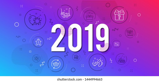 Infographic concept. Bumper cars, Santa boots and Waves icons simple set. Balloon dart, Secret gift and Present signs. Coffee, Present box and Refresh cart symbols. Vector