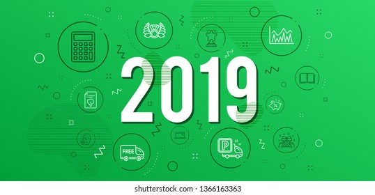 Infographic concept. Calculator, Free delivery and Gift icons simple set. Truck parking, Laureate medal and Book signs. Winner, Loan percent and Uv protection symbols. Vector