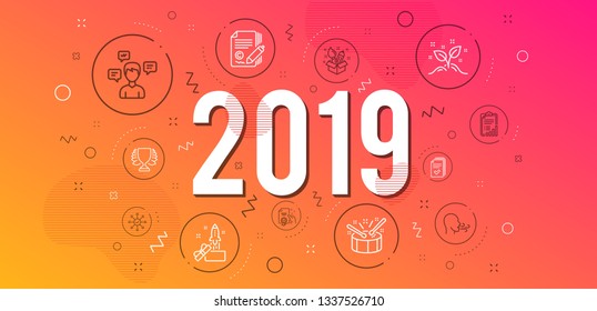 Infographic concept. Checklist, Handout and Creativity icons simple set. Conversation messages, Survey check and Innovation signs. Startup concept, Copywriting and Certificate symbols. 2019 year