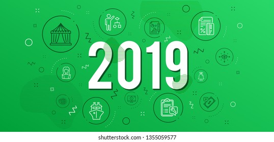 Infographic concept. Circus tent, Spanner and Report document icons simple set. Credit card, Rejected payment and Parcel delivery signs. Bell, Seo timer and Algorithm symbols. Vector