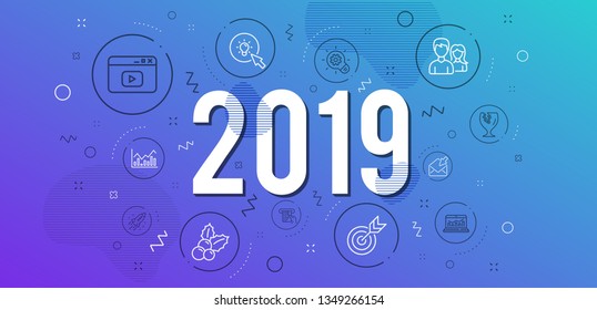 Infographic concept. Cogwheel, Web analytics and Energy icons simple set. Teamwork, Open mail and Credit card signs. Target, Video content and Fragile package symbols. 2019 year. Line cogwheel icon