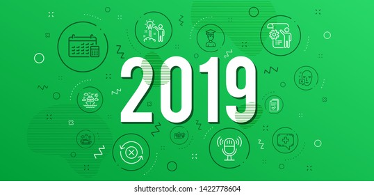 Infographic concept. Creative idea, Medical chat and Face declined icons simple set. Reject refresh, Car travel and Microphone signs. Student, Calendar and Settings blueprint symbols. 2019 year