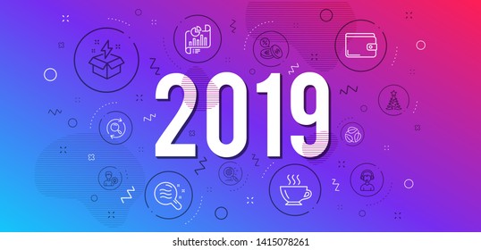 Infographic concept. Creative idea, Person idea and Leaves icons simple set. Skin condition, Currency exchange and Coffee signs. Report document, Money wallet and Search statistics symbols. 2019 year