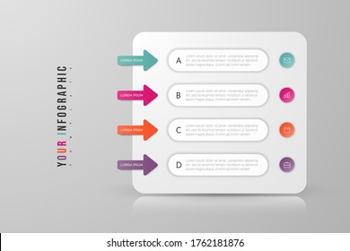 Infografik Concept Design mit 4 Optionen, Schritten oder Prozessen. Kann für Workflow-Layout, Geschäftsbericht, Flussdiagramme, Diagramme, Präsentationen, Websites, Banner, gedruckte Materialien verwendet werden.