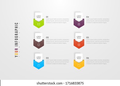 Infographic concept design with 6 options, steps or processes. Can be used for workflow layout, annual report, flow charts, diagram, presentations, web sites, banners, printed materials.
